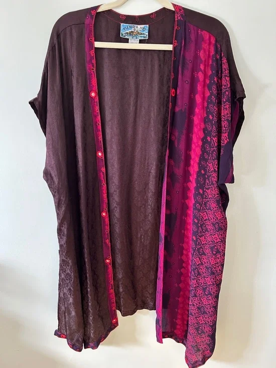 Tienda Ho Kimono Magenta/Burgundy India Print Boho Festival Open Front Duster - Picture 15 of 16
